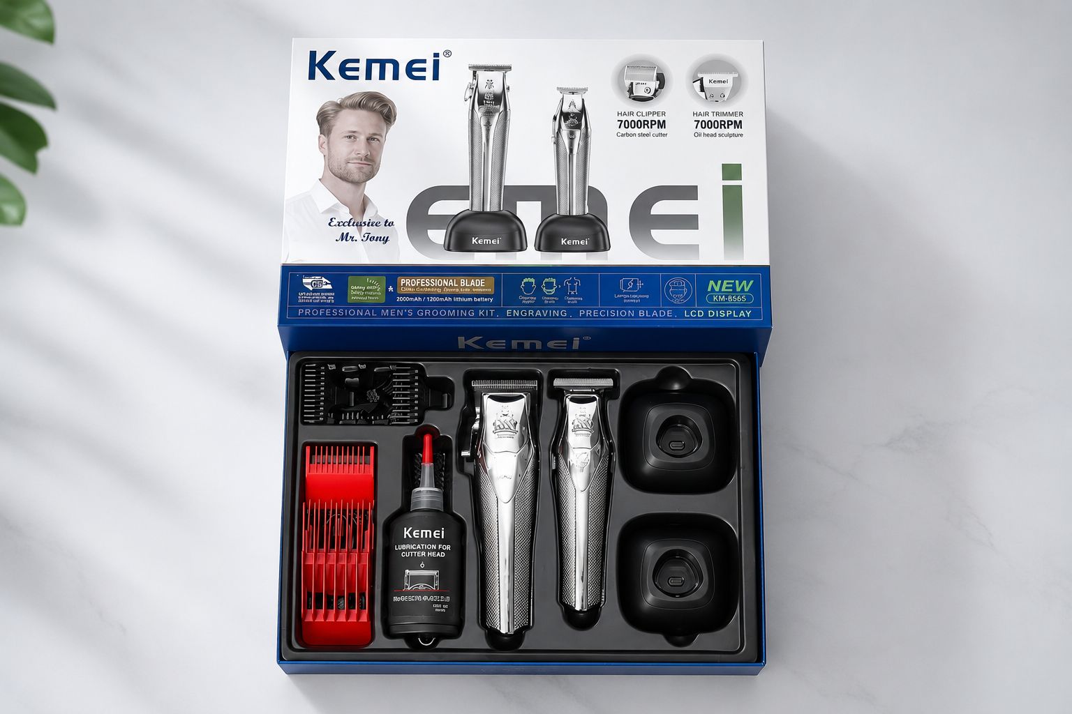 ماشین اصلاح سر و صورت کیمی مدل Kemei KM-8565 مجموعه ۲ عددی حرفه‌ای با نمایشگر LCD