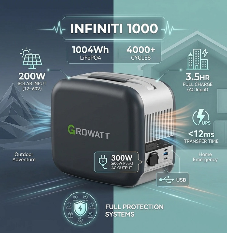 پاور استیشن پرتابل گرووات مدل Infinity 1000 ظرفیت 1000 وات | نیروگاه برق قابل حمل Growatt