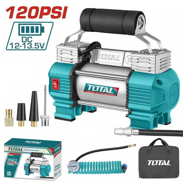 پمپ باد خودرو توتال 12 ولت دو سیلندر مدل TTAC2506 با فشار 120 PSI و دبی 45 لیتر بر دقیقه